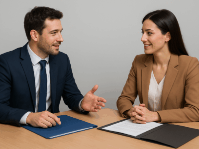 Dos personas negociando de manera colaborativa alrededor de una mesa, ejemplificando los Medios Adecuados de Solución de Controversias Dues persones negociant de manera col·laborativa al voltant d'una taula, exemplificant els Mitjans Adequats de Solució de Controvèrsies
